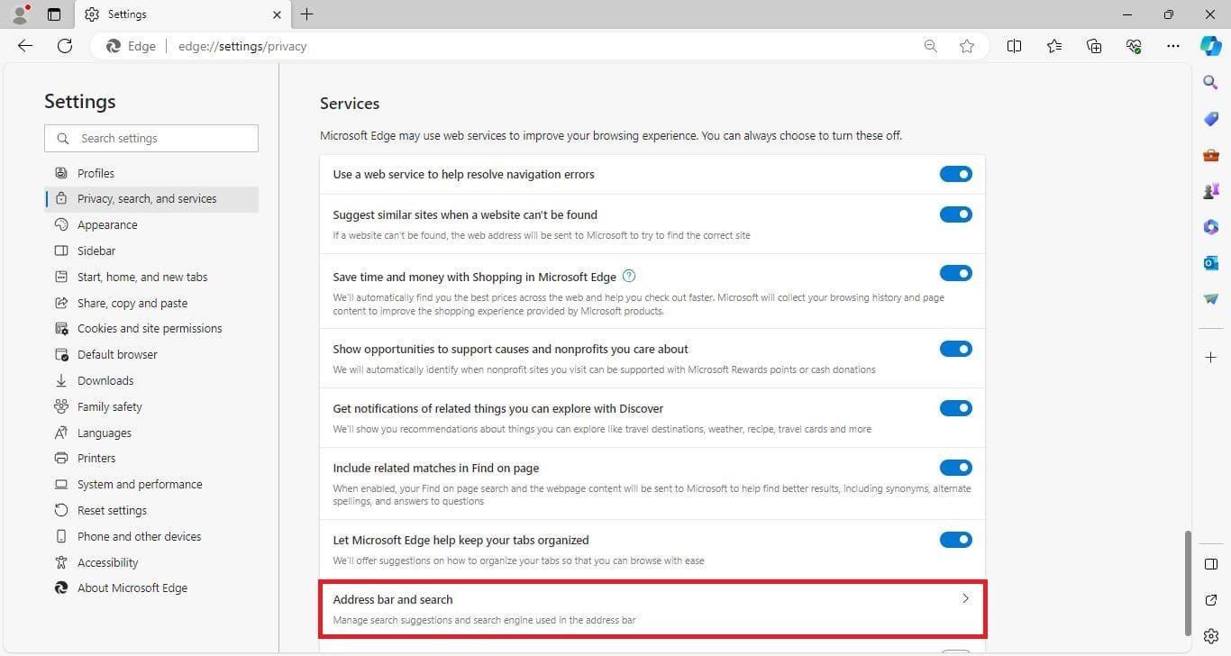 Address bar to change Bing default option Address bar