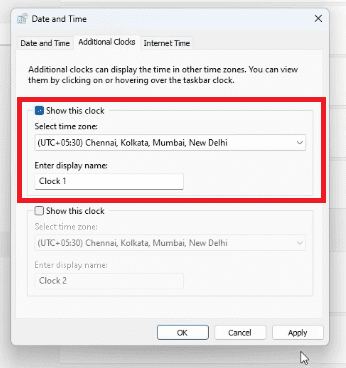 Show this clock to View Clock in Windows 11 Show this clock