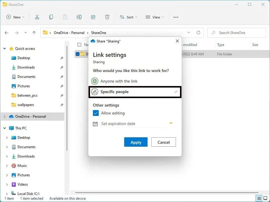 Specific people Option to share files on Windows 11 Specific people Option to share files on Windows 11