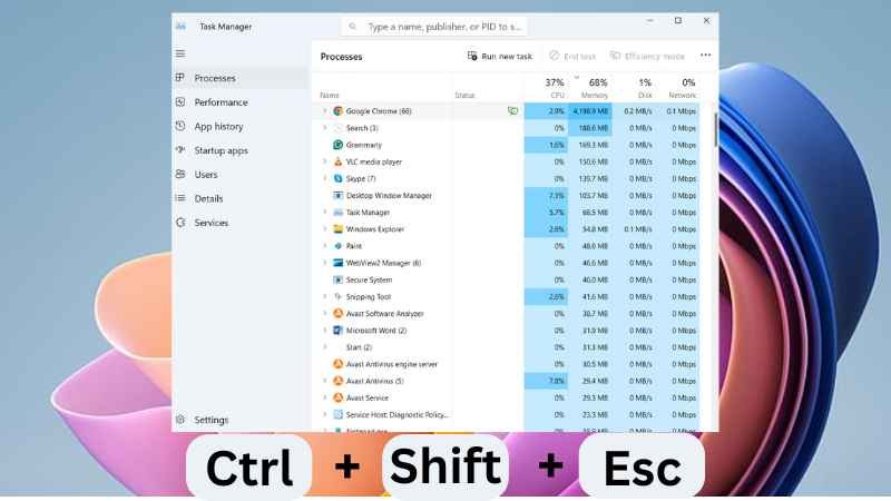Windows 11 Short Key Ctrl+Shift+Esc to launch Task Manager