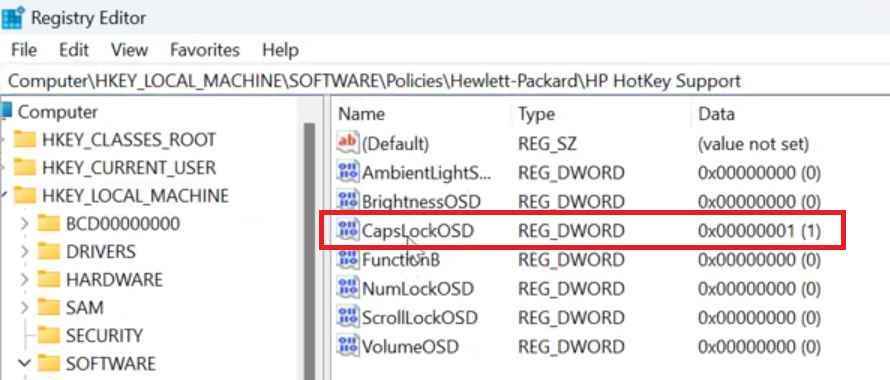 Regedit - Set CapsLockOSD Value from 1 to 0