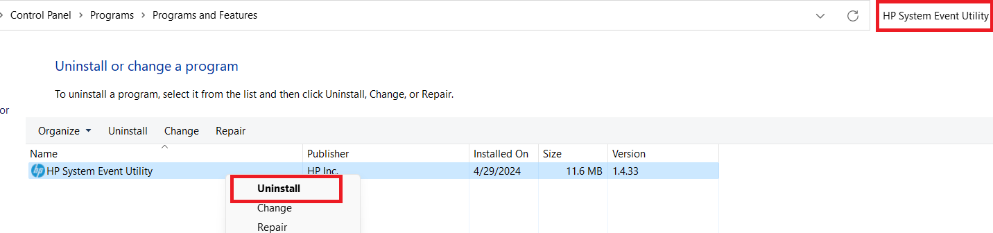 Uninstall HP System Event Utility