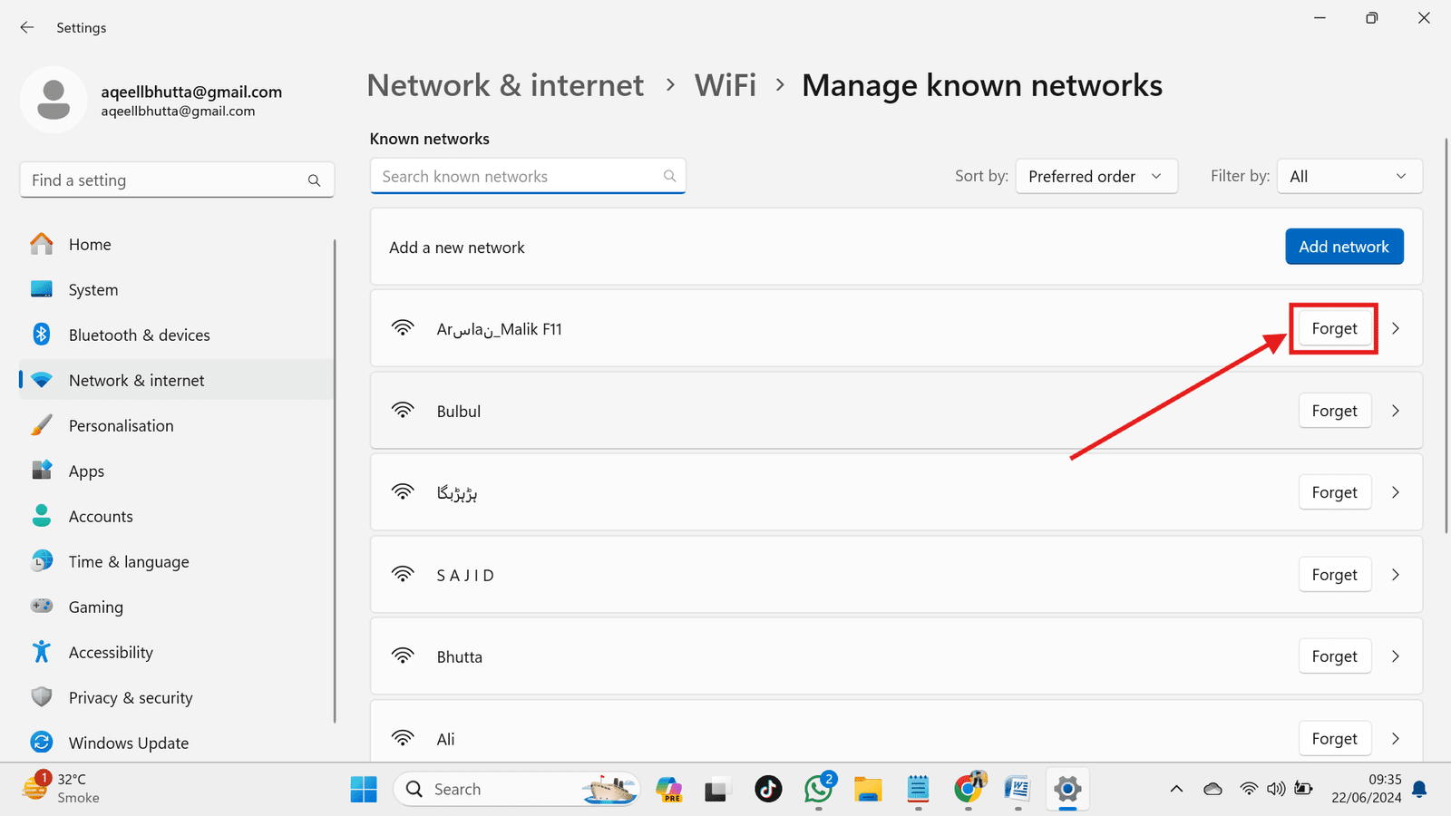 Click the Forget to forget the network