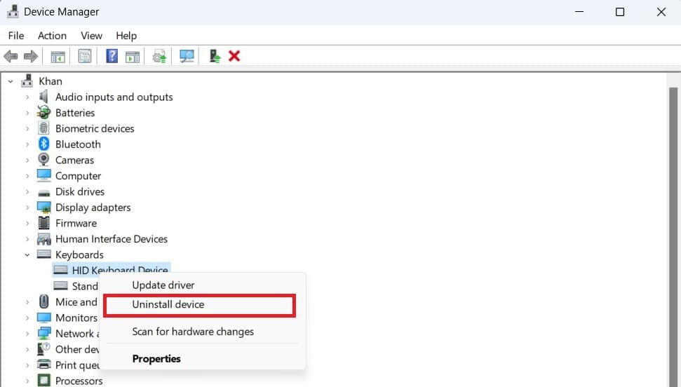 Find the keyboard unsitall device setting