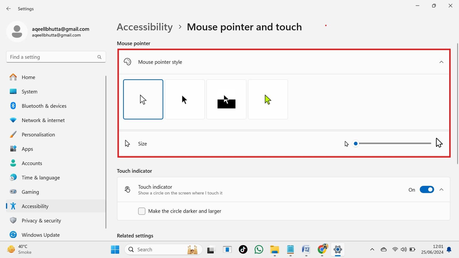 Windows 11 Accessibilty Mouse pointer and touch setting
