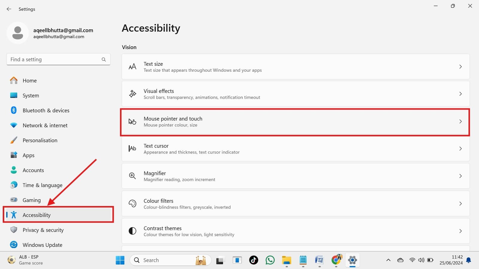 Windows 11 setting Accessibility and then Mouse pointer & touch.
