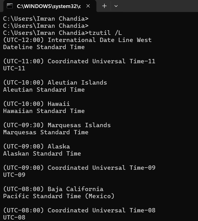 tzutil /L lists all time zones