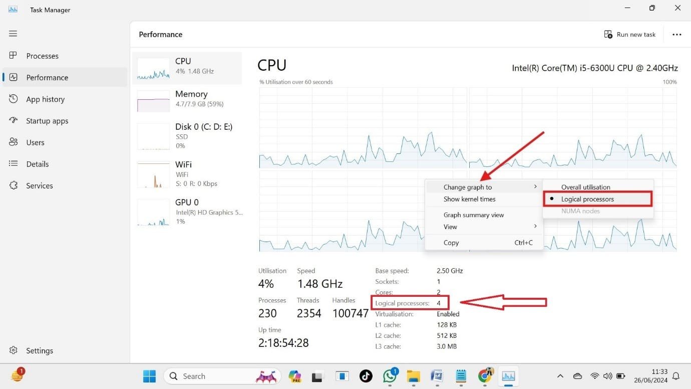 check the logical processors in Windows 11 and 10