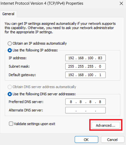 Internet Protocol Version 4 (TCPIPv4) Advanced Settings