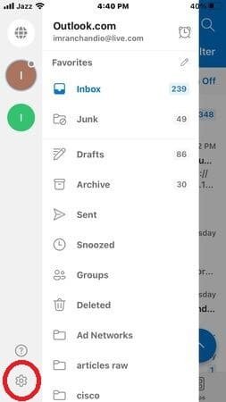 Outlook Settings on iPhone