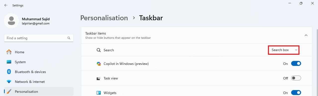 Windows 10 Personalization and taskbar search box Setting