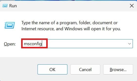 msconfig command in Run box