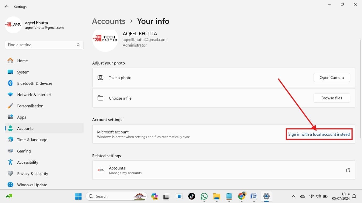 sing in with local account instead of Administrator account sing in with local account instead of Administrator account