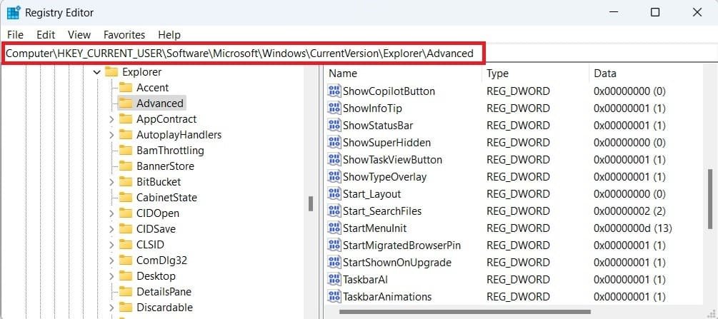 Computer\HKEY_CURRENT_USER\Software\Microsoft\Windows\CurrentVersion\Explorer\Advanced