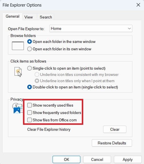 Using the Control Panel to Clear the Quick Access List in Windows 11 Using the Control Panel to Clear the Quick Access List in Windows 11