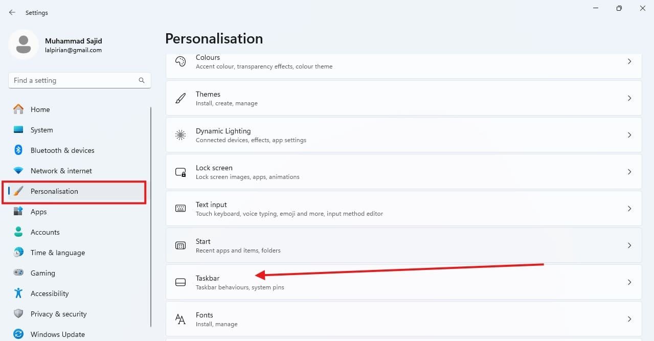 windows 11 Taskbar Settings