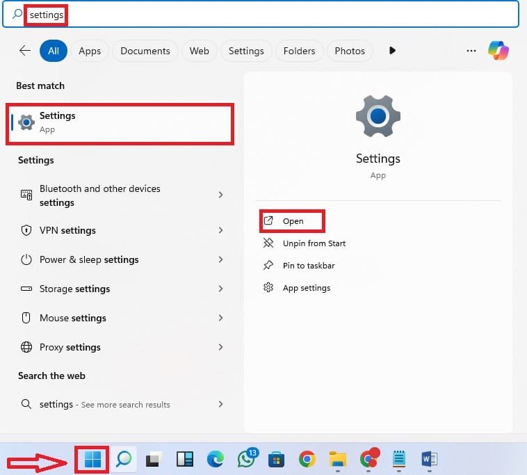 Open windows 11 settings App