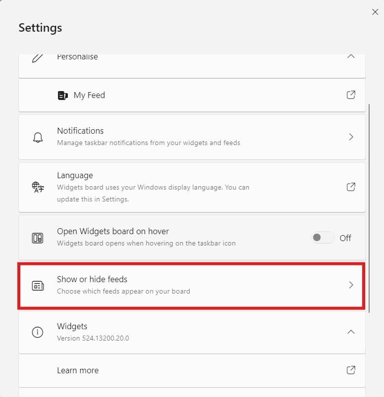 windows 11 show or hide News feeds option