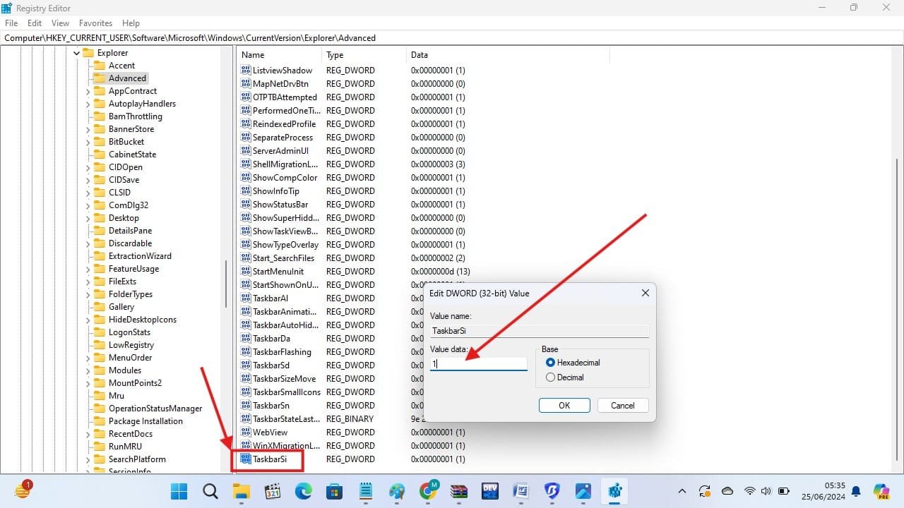 Change Taskbar Size in Windows 11 from Registry