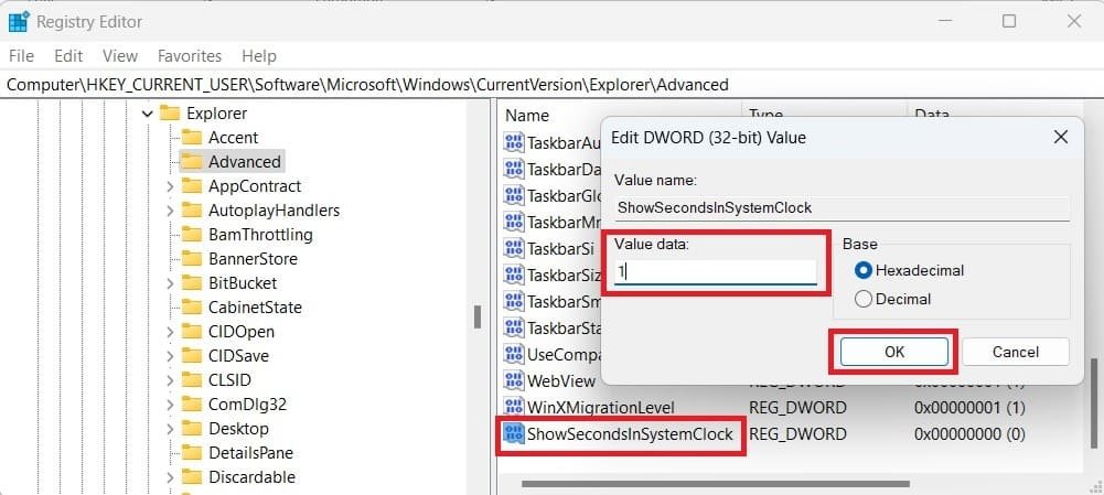 Displaying Seconds in Windows 11 Taskbar Clock Using Registry Editor