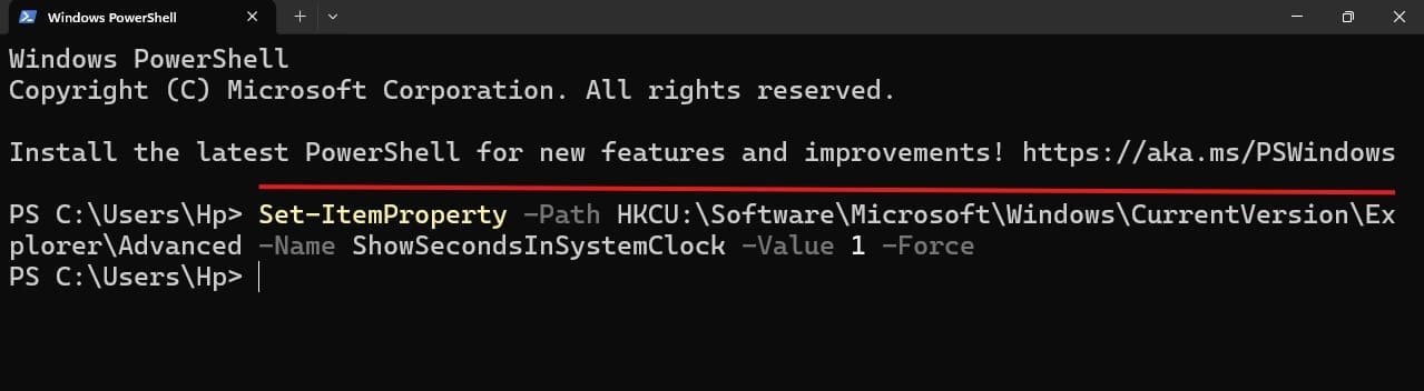 Show Seconds in Windows 11 Taskbar Clock Using Windows PowerShell