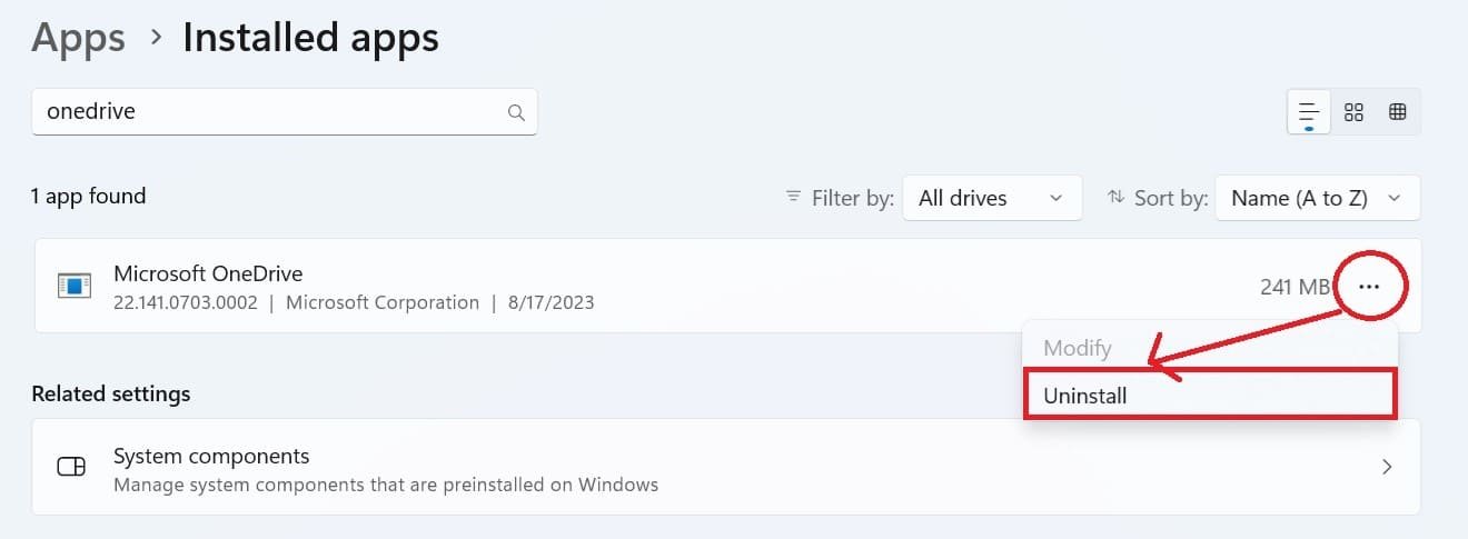 Uninstall OneDrive on Windows 11